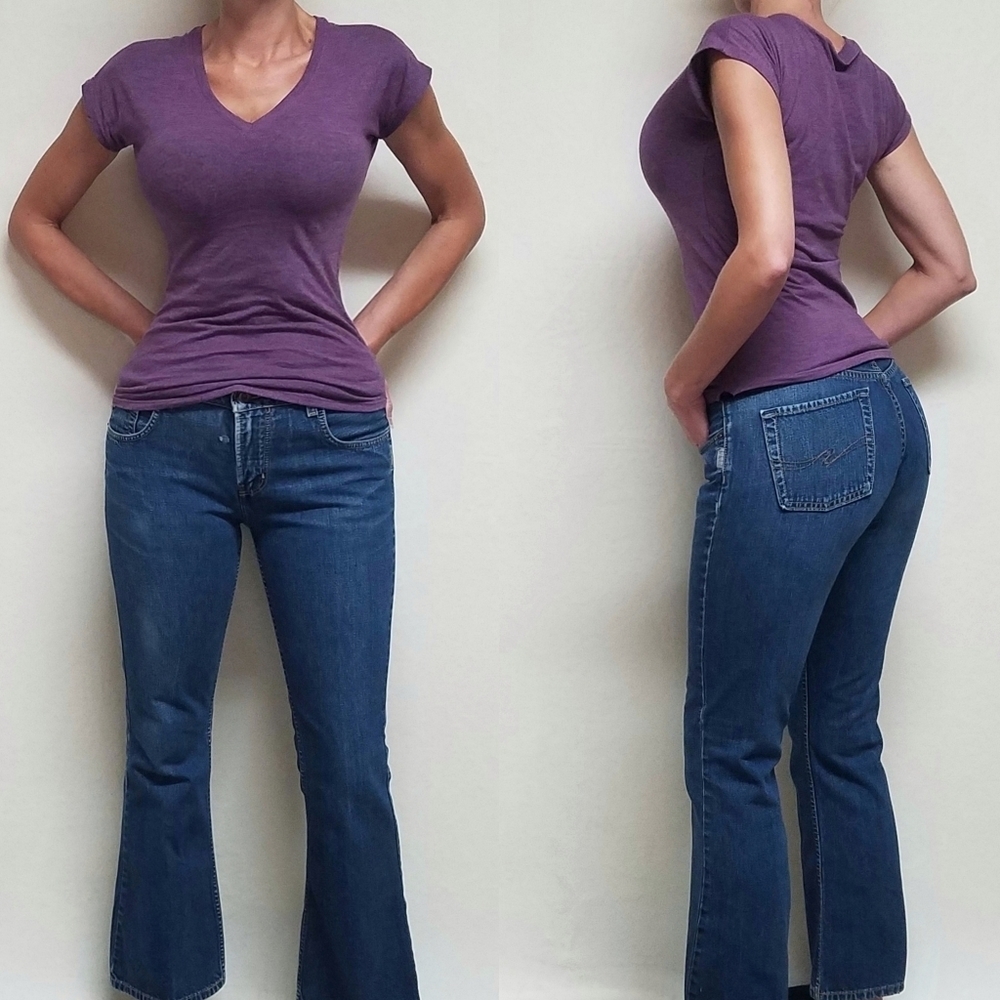90s Vintage Silver Indigo Blue Cotton Distressed Faded Mid Rise Flare Jeans 30